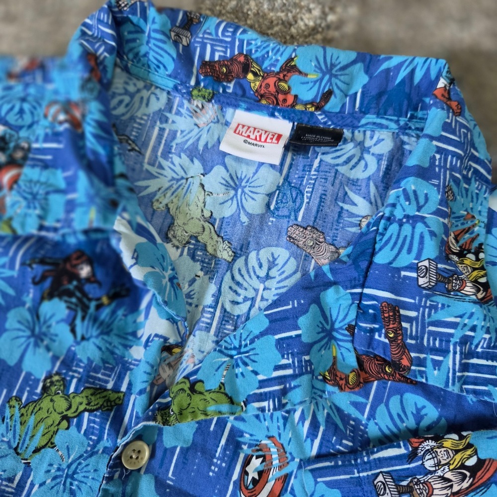 Marvel Avengers Blue Tropical Floral Button Up Shirt Mens XXL Hulk Iron Man Thor